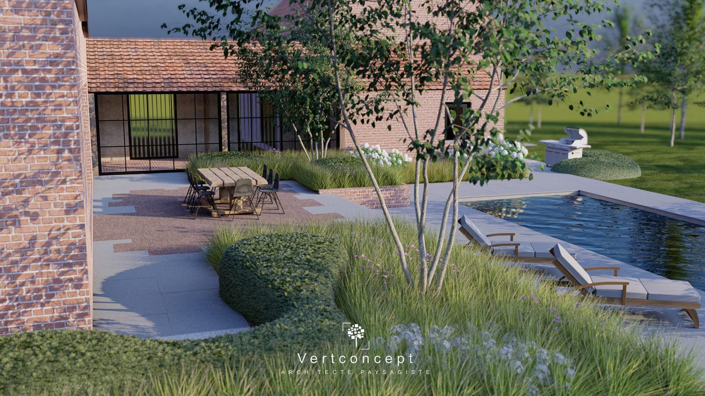 Rendu 3D en perspective d'un jardin aménagé