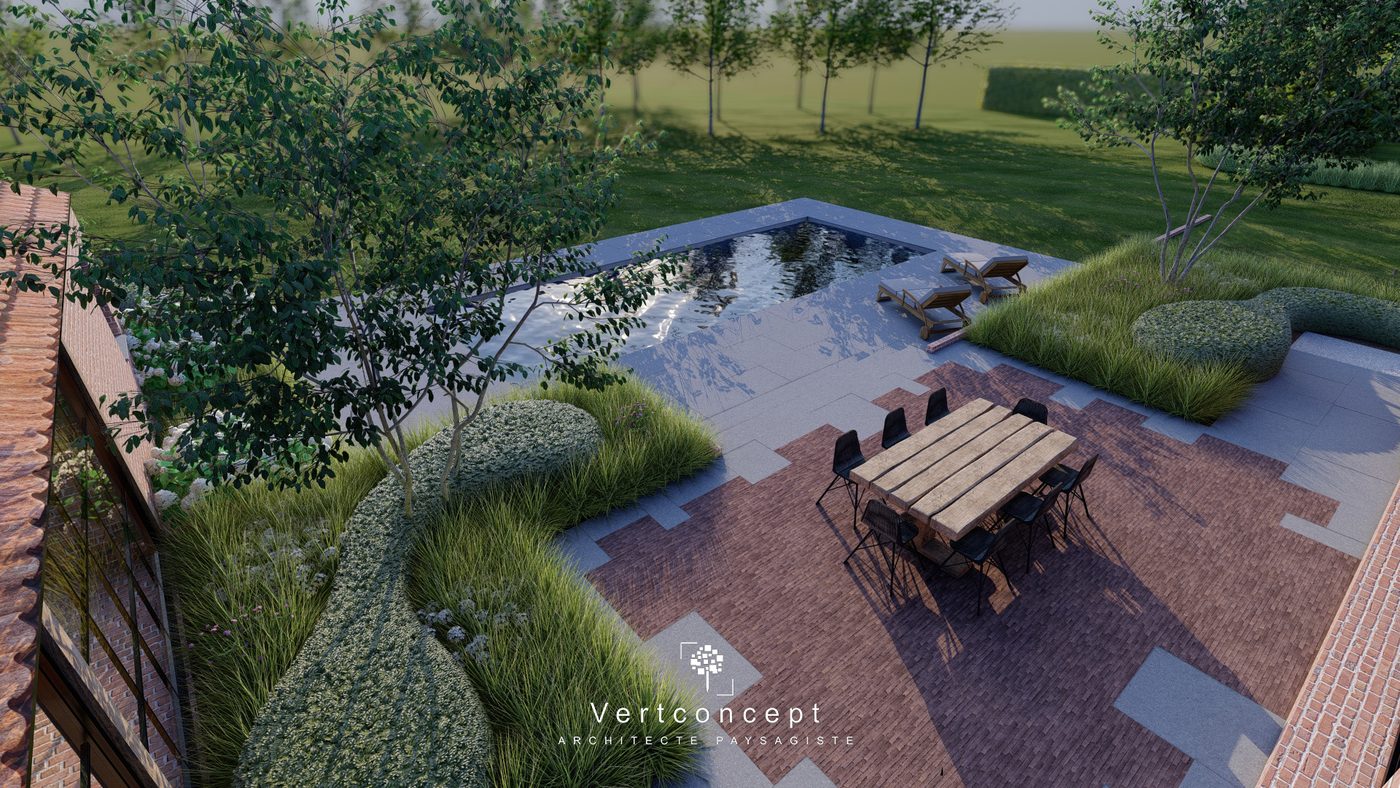 Rendu 3D d'un espace repas extérieur pavé